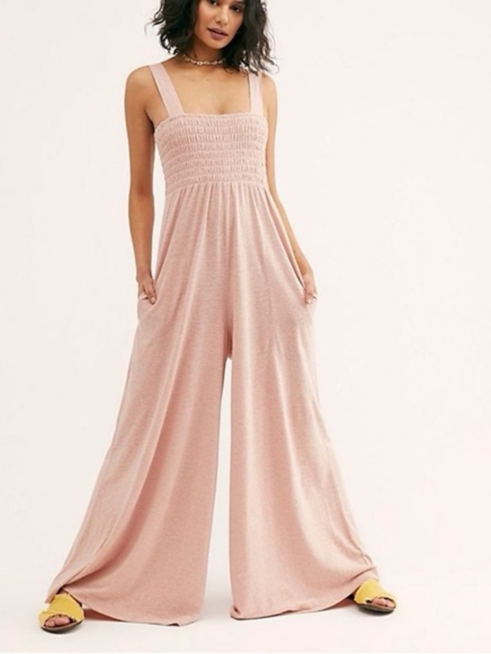 Free People Beach jumpsuit wide leg Smocked Square-Neck pink size large women’s